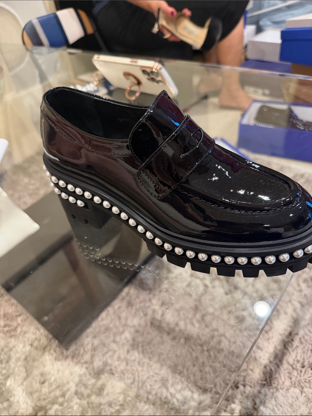 Stuart Weitzman Black Patent Pearl-Trim Lug Loafer - Picture 2 of 4